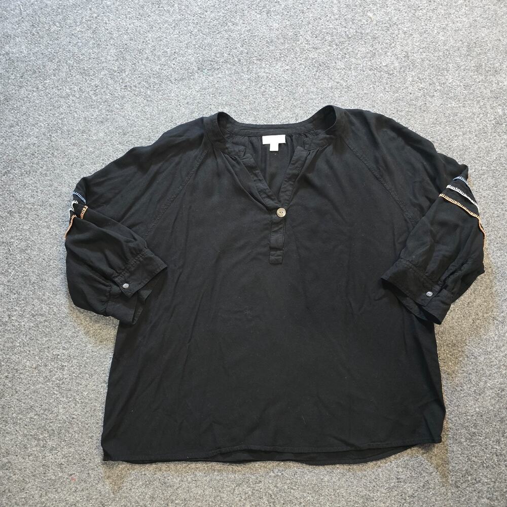 J Jill Top Womens Size XL Black Embroider Sleeve 3/4 Sleeve Peasant Boho Casual